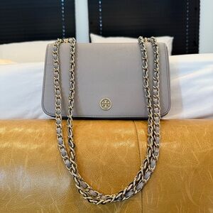 Tory Burch Saffiano Leather Convertible Gold Chain Shoulder Bag in French Gray